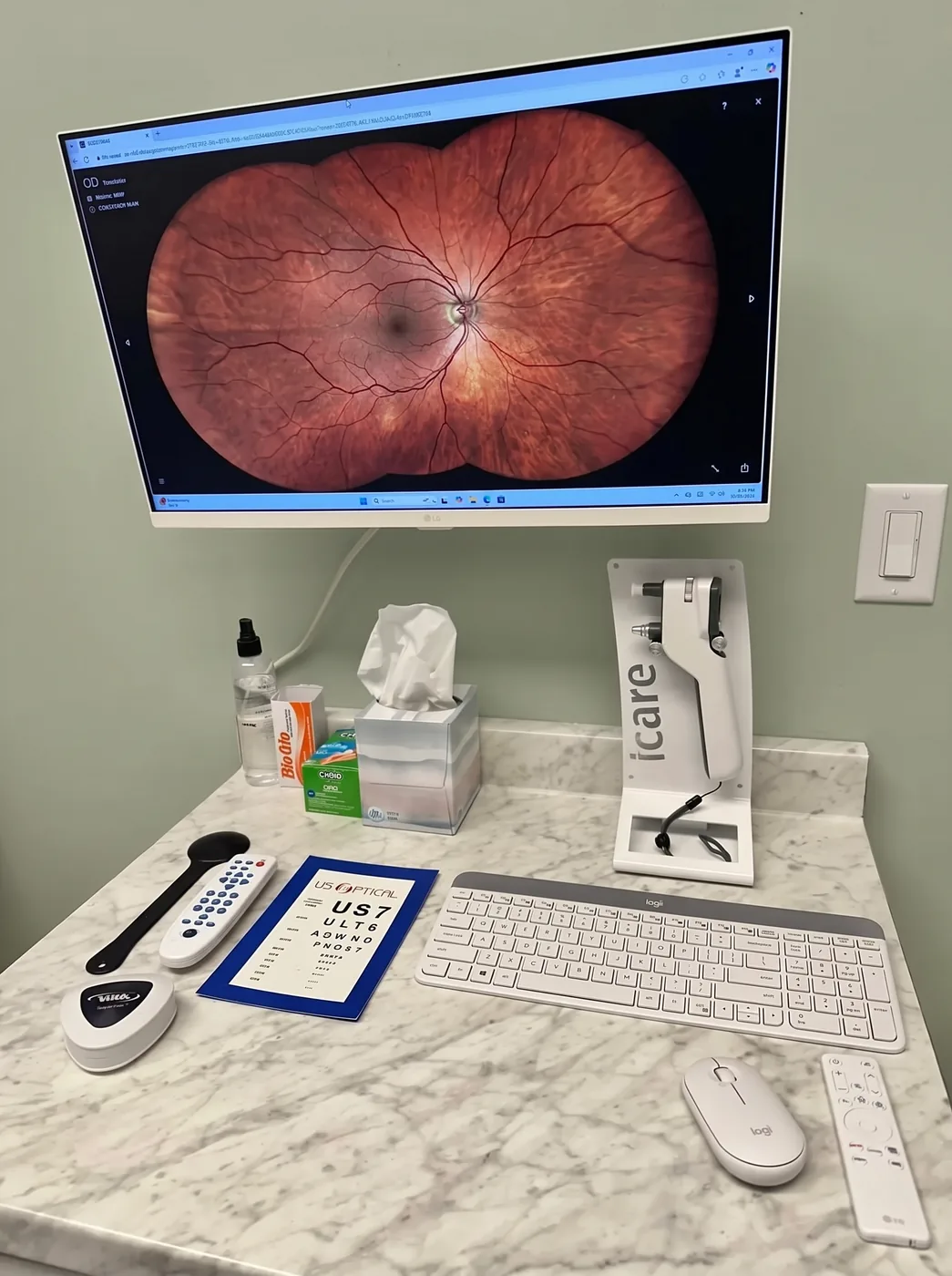 Lens measurement and fitting station at O'Boutique Luxury Optical in Pendleton, South Carolina