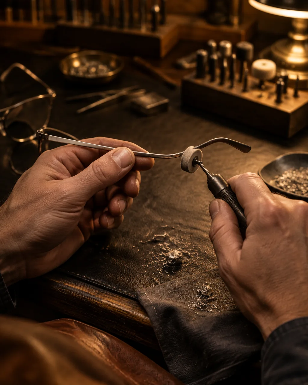 Artisan hands polishing a thin titanium eyeglass temple at a workshop bench
