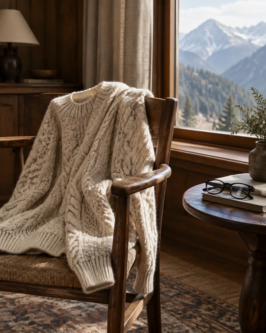 Cream cable-knit alpine sweater beside black acetate frames in a mountain chalet